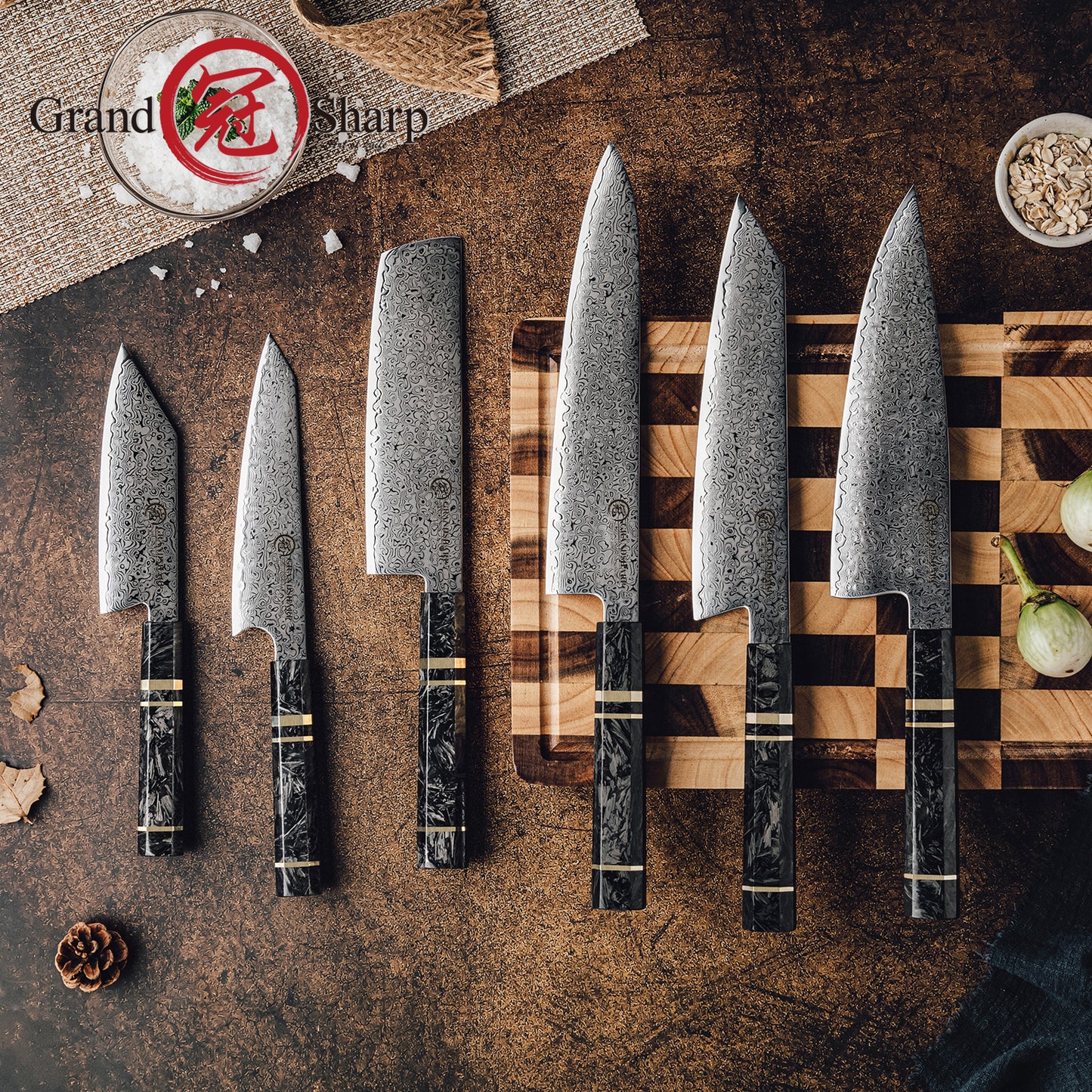 Grandsharp 6 Pcs Japanese Chef Kitchen Knives Set 67 Layers 10Cr15Mov Damascus Steel Chef Knife Sets Black Carbon Fiber Handle