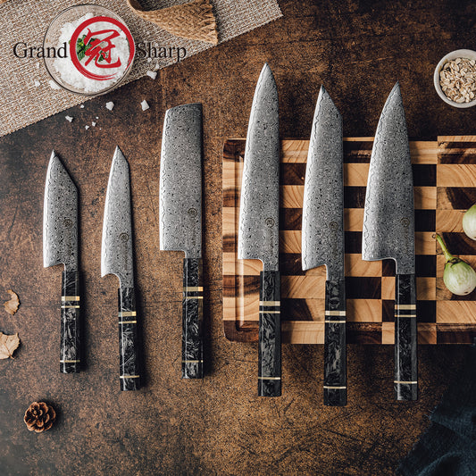 Grandsharp 6 Pcs Japanese Chef Kitchen Knives Set 67 Layers 10Cr15Mov Damascus Steel Chef Knife Sets Black Carbon Fiber Handle