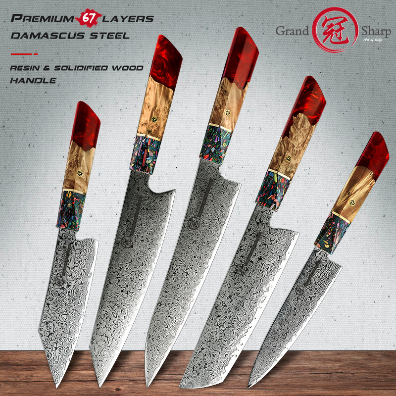 Grandsharp Damascus Chef Knife Sets Japanese Chef Santoku Utility Nakiri Kiritsuke Knives Set Red Resin and Solid Wood Handle