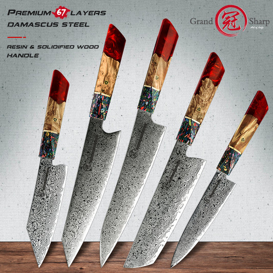Grandsharp Damascus Chef Knife Sets Japanese Chef Santoku Utility Nakiri Kiritsuke Knives Set Red Resin and Solid Wood Handle