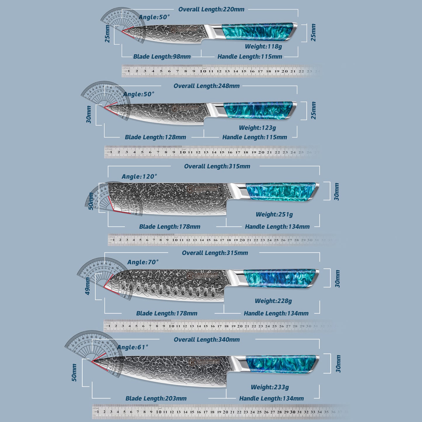 Grandsharp 1-5Pcs Premium Damascus Kitchen Knife set 129 Layers 10Cr15MoVcore Damascus Steel with Classic Resin Handle Design