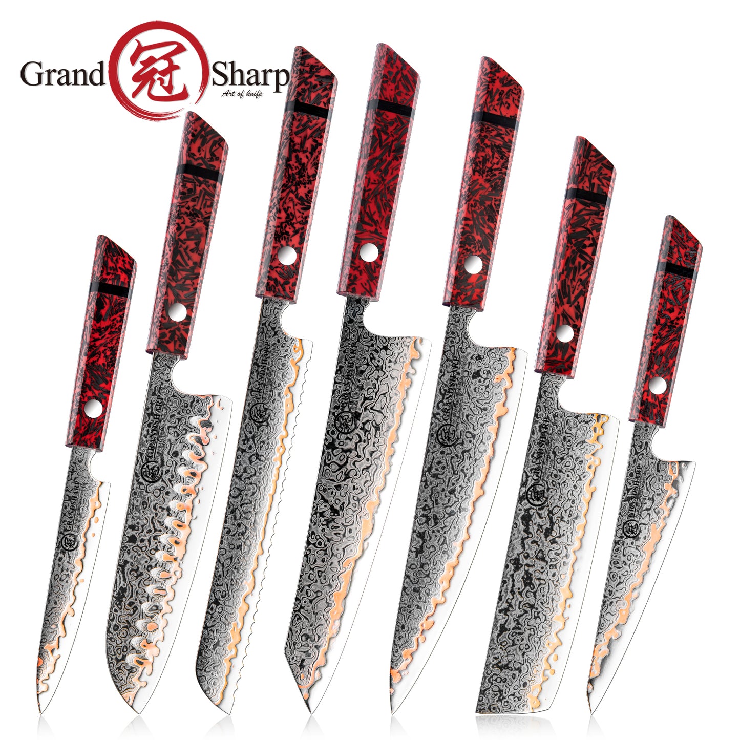 Grandsharp 55 Layers Copper Damascus Chef Knife with Red Handle