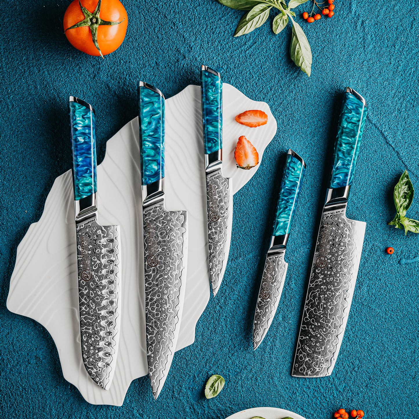 Grandsharp 1-5Pcs Premium Damascus Kitchen Knife set 129 Layers 10Cr15MoVcore Damascus Steel with Classic Resin Handle Design