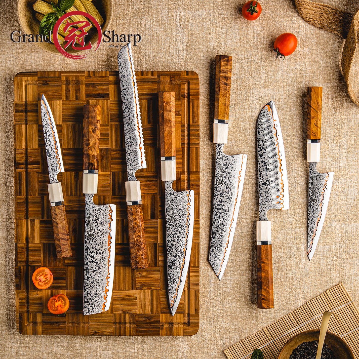 Grandsharp 7Pcs Chef Kitchen Knife Set 55 Layers Damascus Steel with Solidified Wood+Ivory-effect Resin Handle