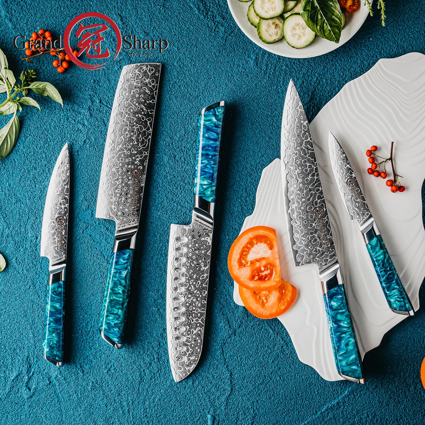 Grandsharp 1-5Pcs Premium Damascus Kitchen Knife set 129 Layers 10Cr15MoVcore Damascus Steel with Classic Resin Handle Design