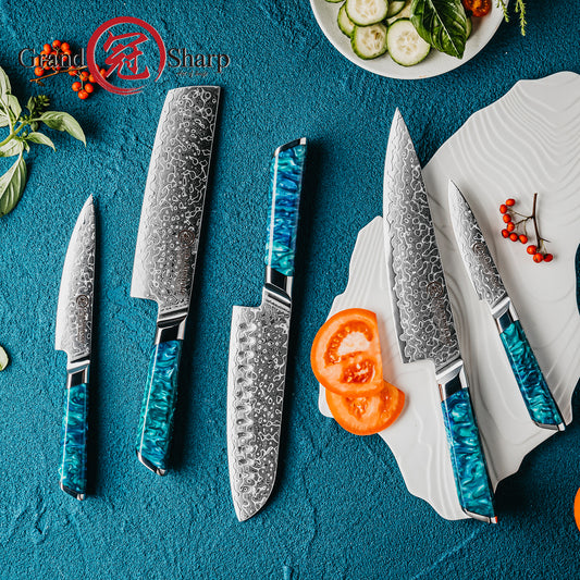 Grandsharp 1-5Pcs Premium Damascus Kitchen Knife set 129 Layers 10Cr15MoVcore Damascus Steel with Classic Resin Handle Design