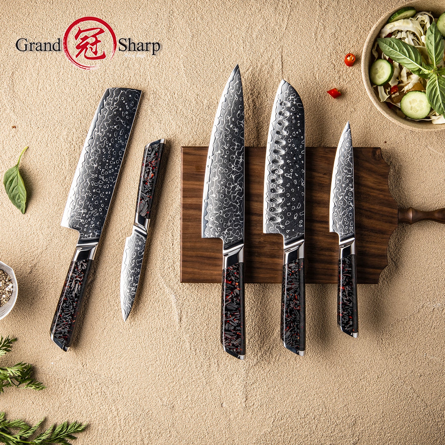 Grandsharp 1-5pcs Kitchen Knife Set 129 Layers 10Cr15MoV Core Damascus Steel Carbon Fiber&Resin Handle For Cutting Fruits Meat