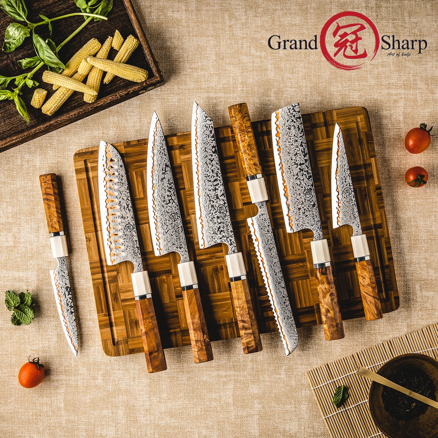 Grandsharp 7Pcs Chef Kitchen Knife Set 55 Layers Damascus Steel with Solidified Wood+Ivory-effect Resin Handle