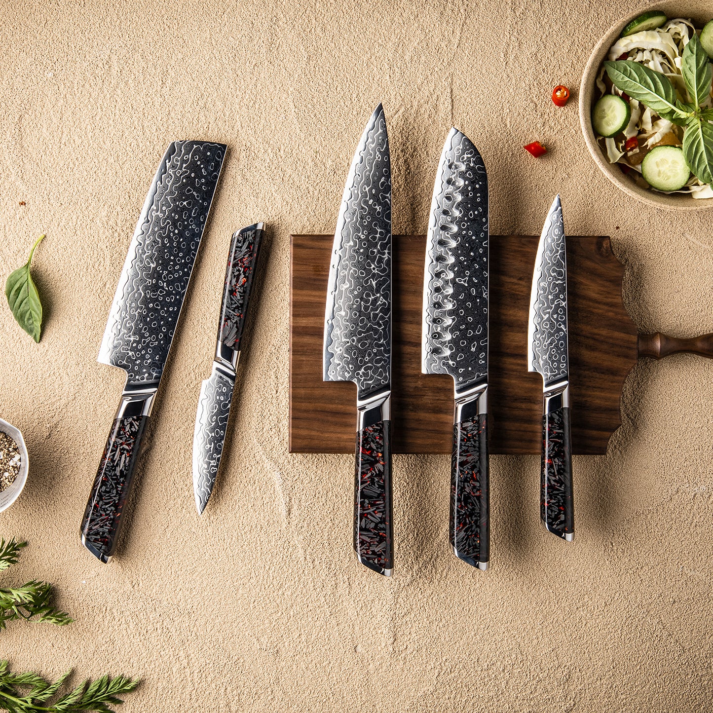 Grandsharp 1-5pcs Kitchen Knife Set 129 Layers 10Cr15MoV Core Damascus Steel Carbon Fiber&Resin Handle For Cutting Fruits Meat