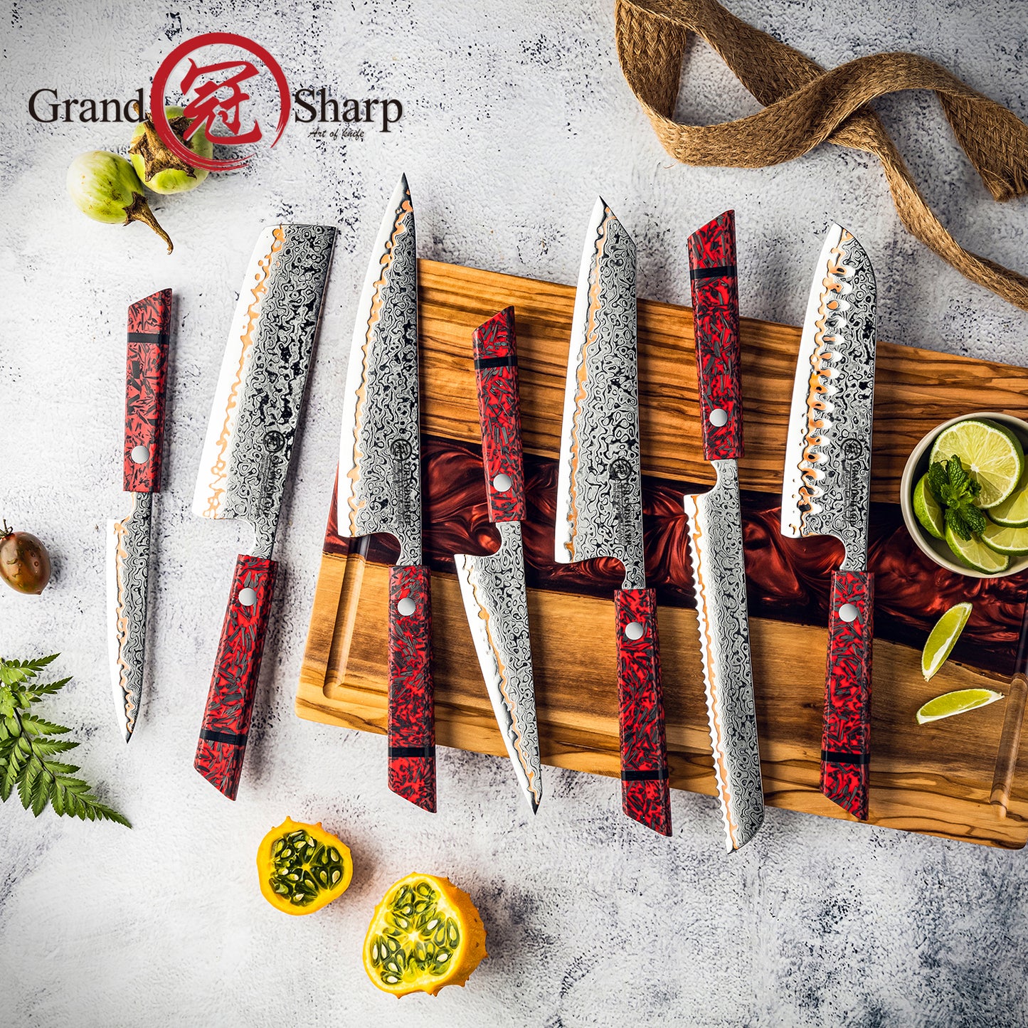 Grandsharp 55 Layers Copper Damascus Steel Kitchen Chef Knife Set Santoku Utility Knives Red Resin Carbon Fiber Handle