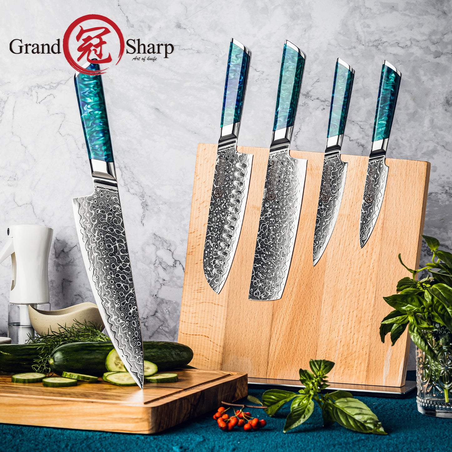 Grandsharp 1-5Pcs Premium Damascus Kitchen Knife set 129 Layers 10Cr15MoVcore Damascus Steel with Classic Resin Handle Design