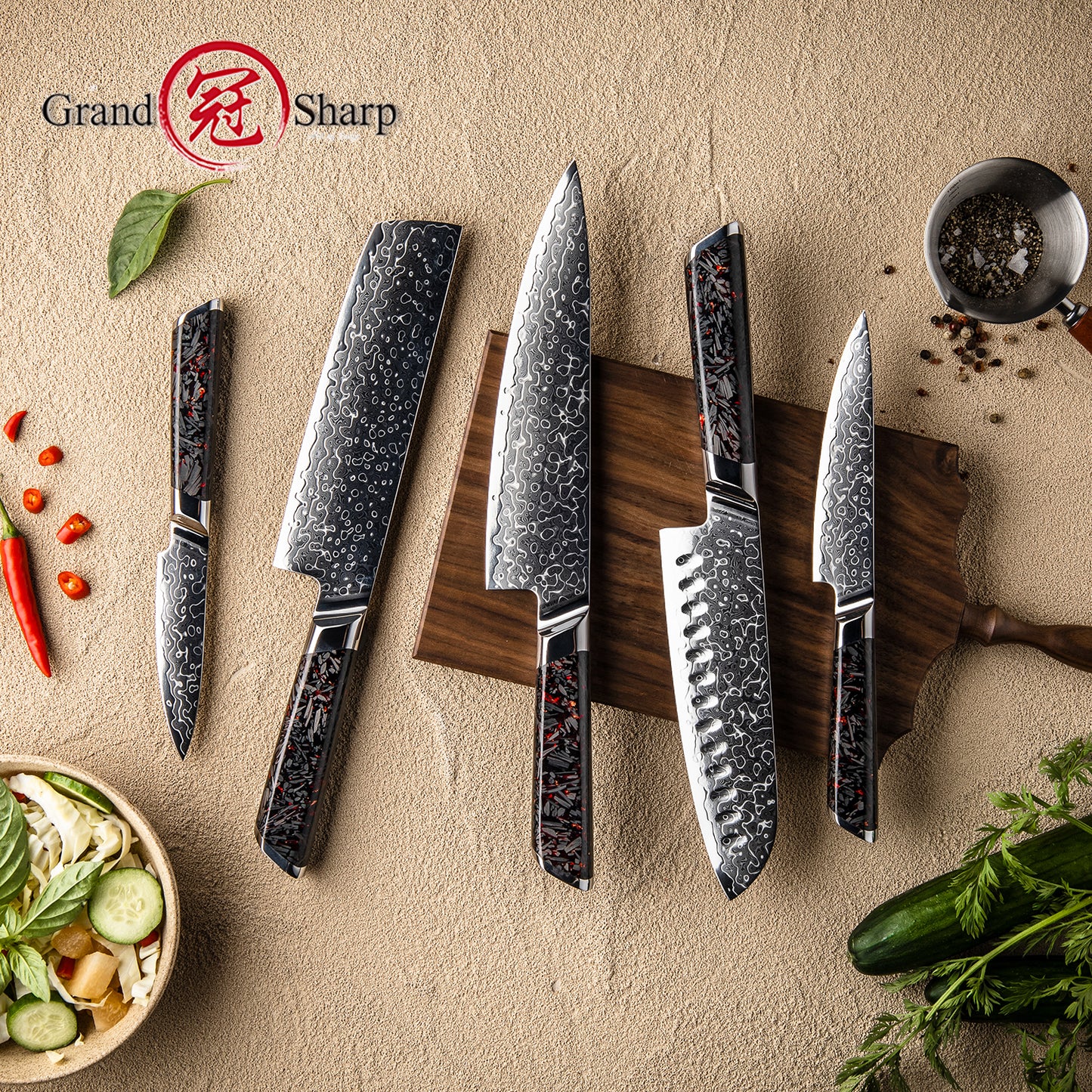 Grandsharp 1-5pcs Kitchen Knife Set 129 Layers 10Cr15MoV Core Damascus Steel Carbon Fiber&Resin Handle For Cutting Fruits Meat