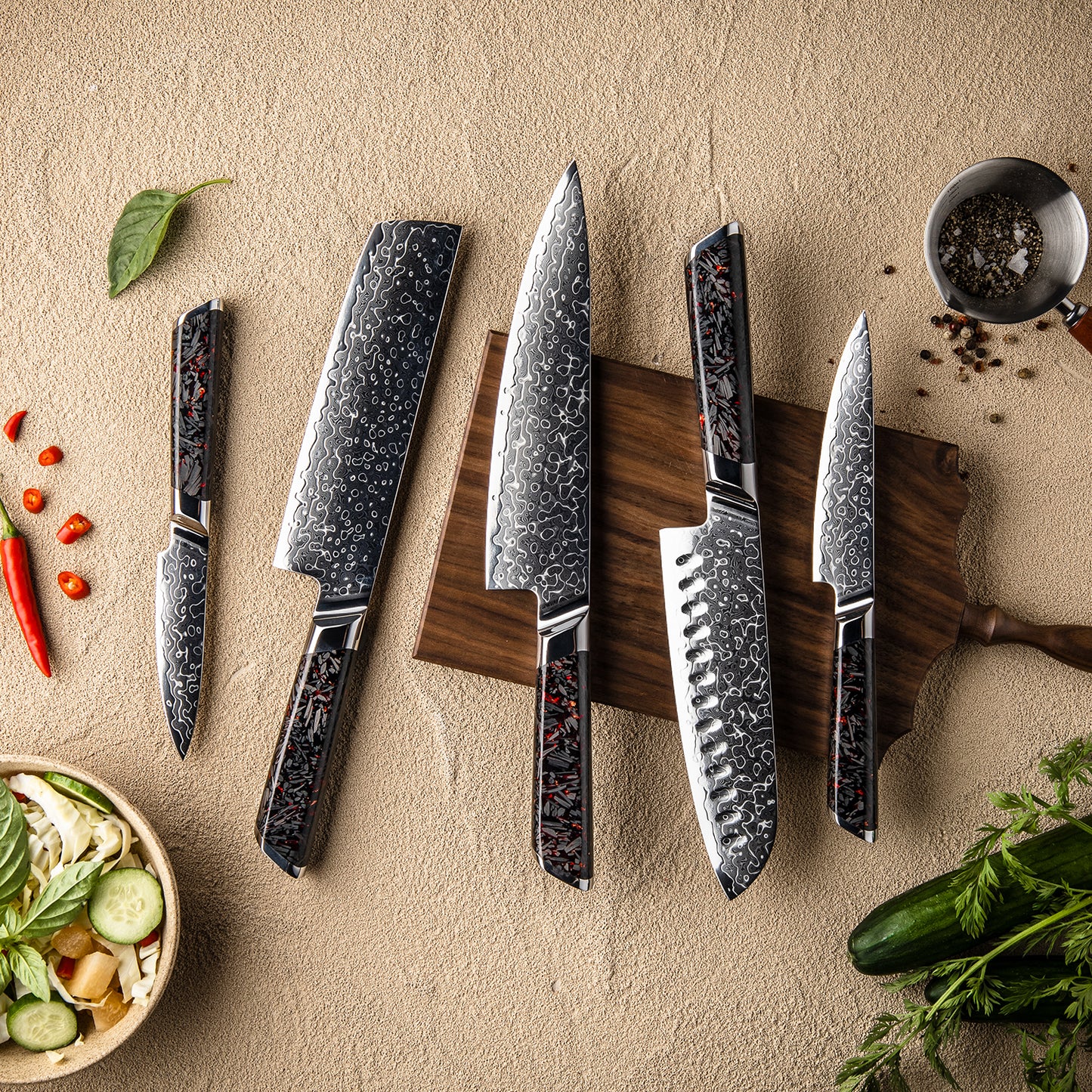 Grandsharp 1-5pcs Kitchen Knife Set 129 Layers 10Cr15MoV Core Damascus Steel Carbon Fiber&Resin Handle For Cutting Fruits Meat