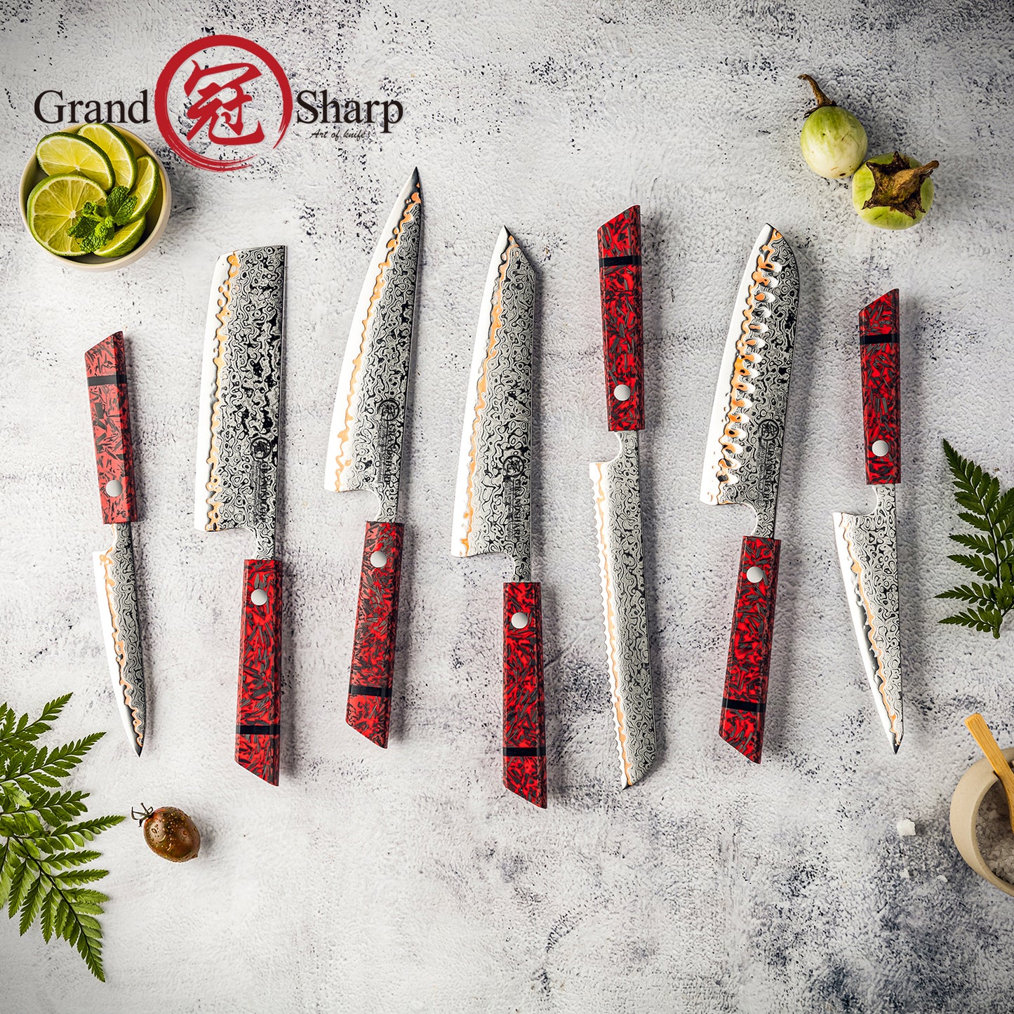 Grandsharp 55 Layers Copper Damascus Steel Kitchen Chef Knife Set Santoku Utility Knives Red Resin Carbon Fiber Handle