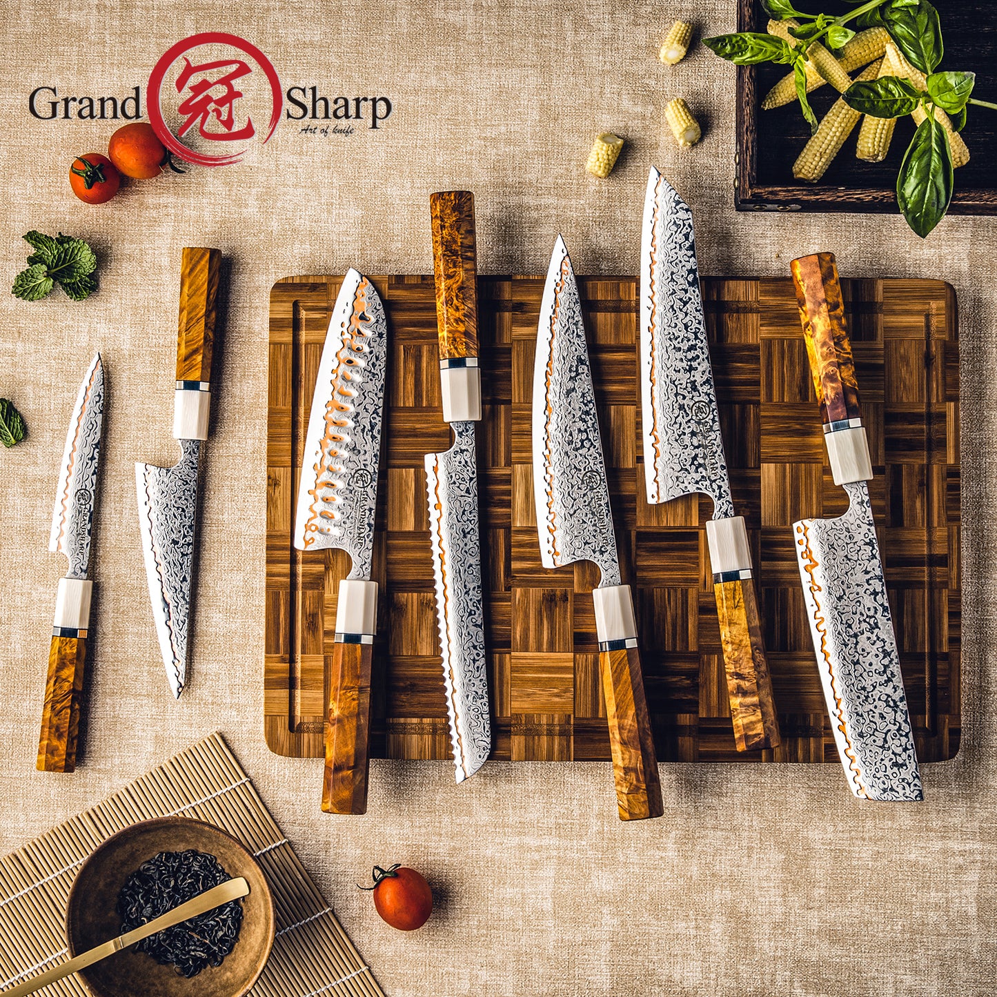 Grandsharp 7Pcs Chef Kitchen Knife Set 55 Layers Damascus Steel with Solidified Wood+Ivory-effect Resin Handle