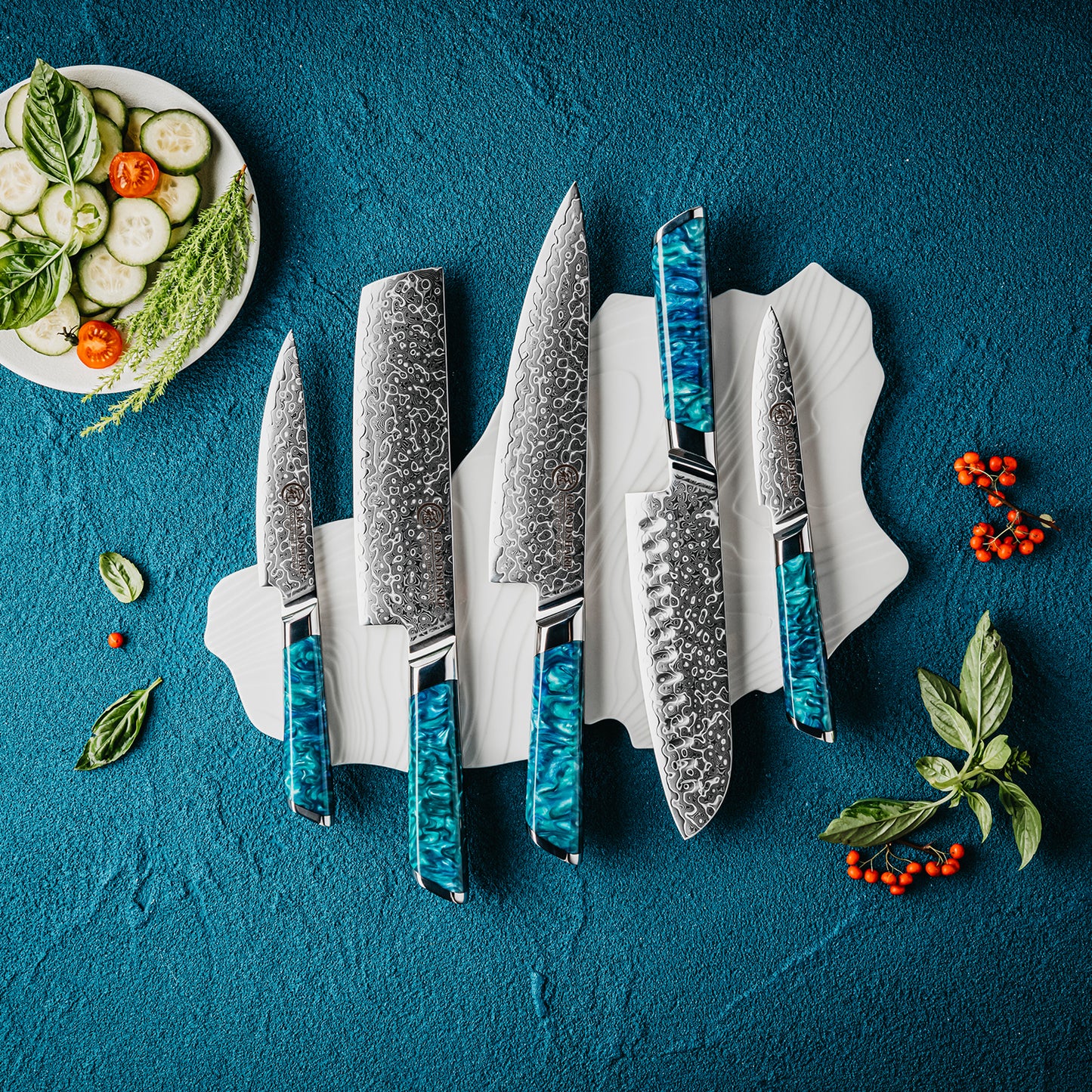 Grandsharp 1-5Pcs Premium Damascus Kitchen Knife set 129 Layers 10Cr15MoVcore Damascus Steel with Classic Resin Handle Design