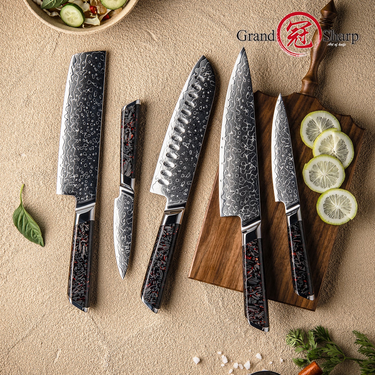 Grandsharp 1-5pcs Kitchen Knife Set 129 Layers 10Cr15MoV Core Damascus Steel Carbon Fiber&Resin Handle For Cutting Fruits Meat