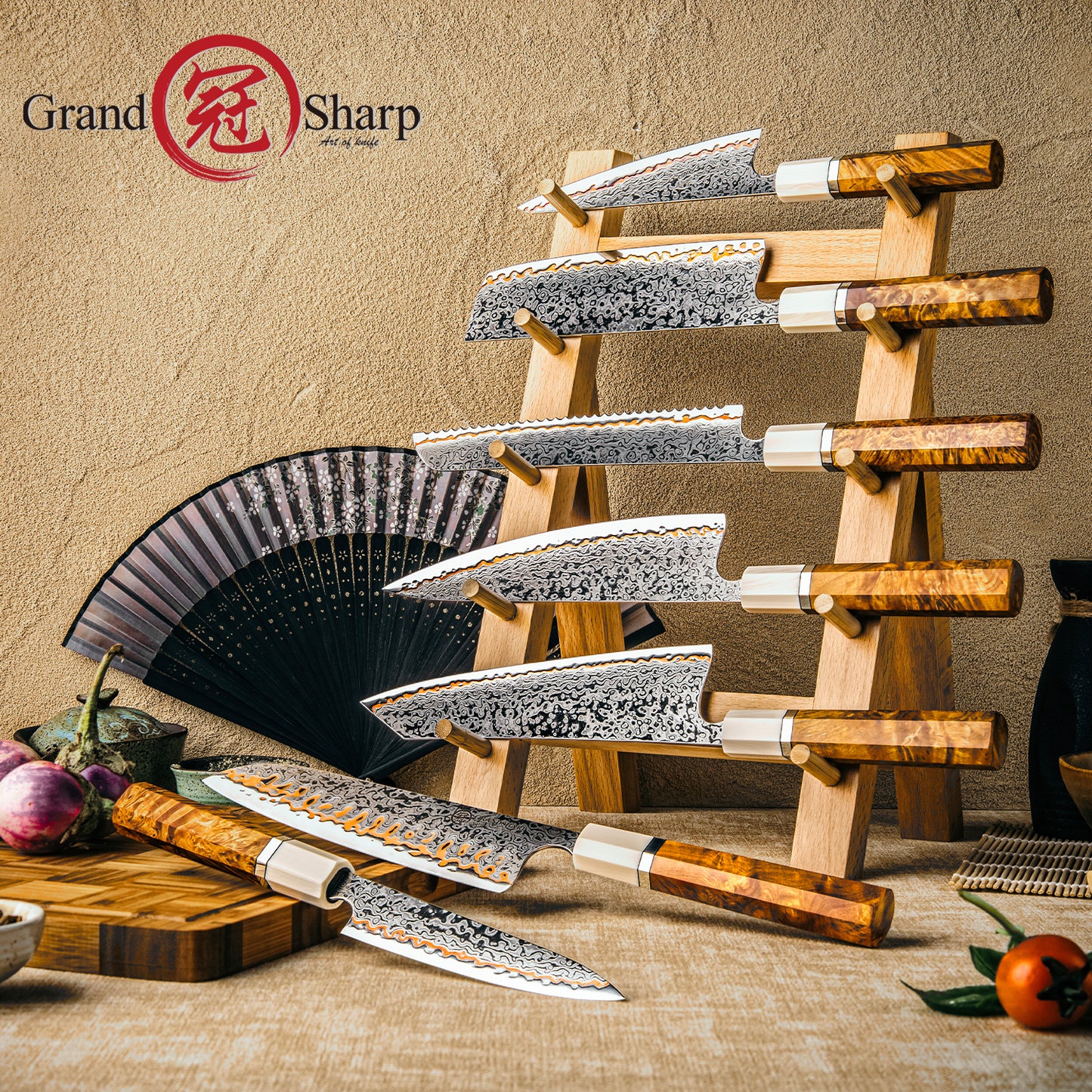 Grandsharp 7Pcs Chef Kitchen Knife Set 55 Layers Damascus Steel with Solidified Wood+Ivory-effect Resin Handle