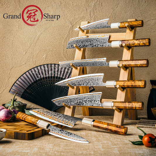 Grandsharp 7Pcs Chef Kitchen Knife Set 55 Layers Damascus Steel with Solidified Wood+Ivory-effect Resin Handle