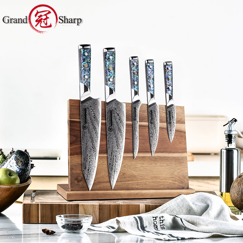 5 Pcs Damascus Kitchen Knife Set AUS10 Chef Knife Kiritsuke Boning Utility Paring Knife with Abalone Shell Handle