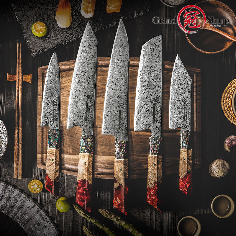 Grandsharp Damascus Chef Knife Sets Japanese Chef Santoku Utility Nakiri Kiritsuke Knives Set Red Resin and Solid Wood Handle