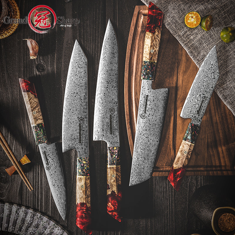 Grandsharp Damascus Chef Knife Sets Japanese Chef Santoku Utility Nakiri Kiritsuke Knives Set Red Resin and Solid Wood Handle