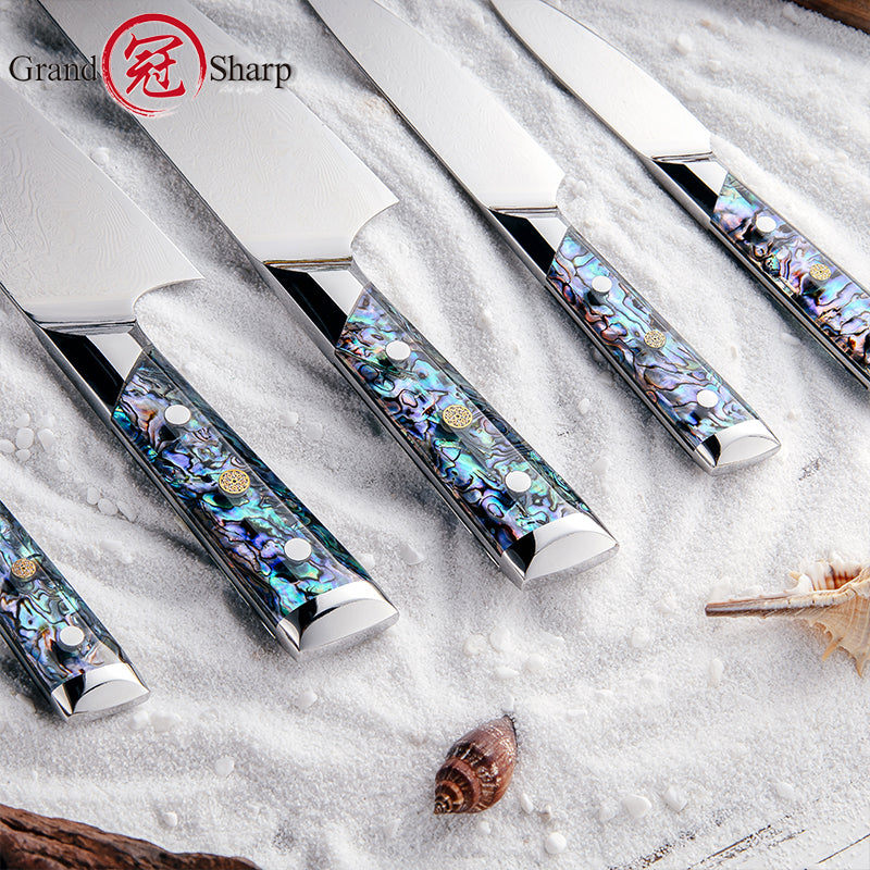 Chef Knife Set Japanese AUS-10 Damascus Steel Full Tang Abalone Shell  Handle New
