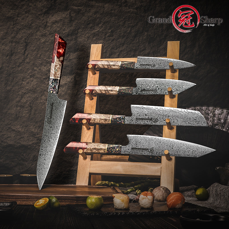 Grandsharp Damascus Chef Knife Sets Japanese Chef Santoku Utility Nakiri Kiritsuke Knives Set Red Resin and Solid Wood Handle