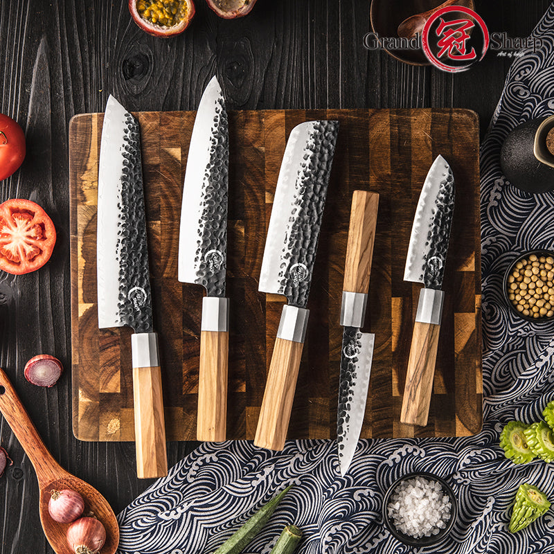 Grandsharp 5pcs Chef Knife Set AUS10 Stainless Steel Kitchen Knife With Olive Wood Handle