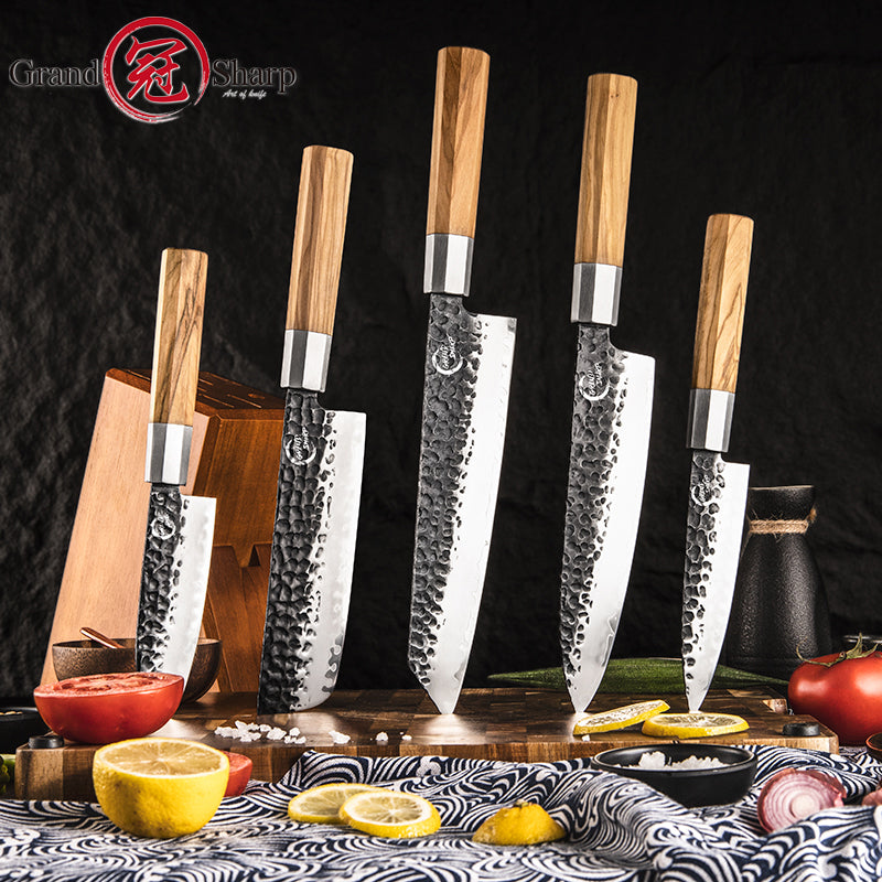 Grandsharp 5pcs Chef Knife Set AUS10 Stainless Steel Kitchen Knife With Olive Wood Handle
