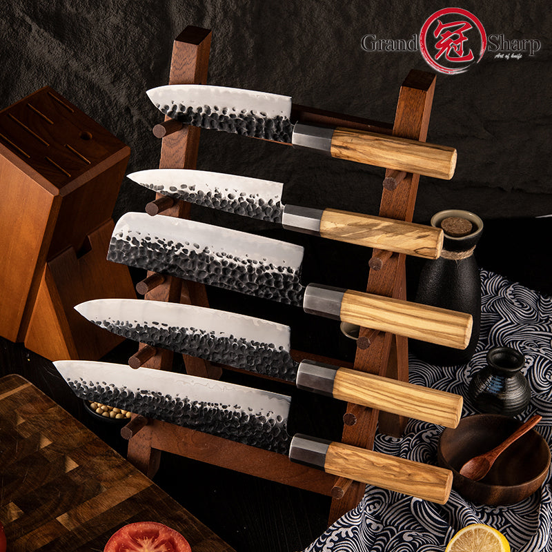 Grandsharp 5pcs Chef Knife Set AUS10 Stainless Steel Kitchen Knife With Olive Wood Handle