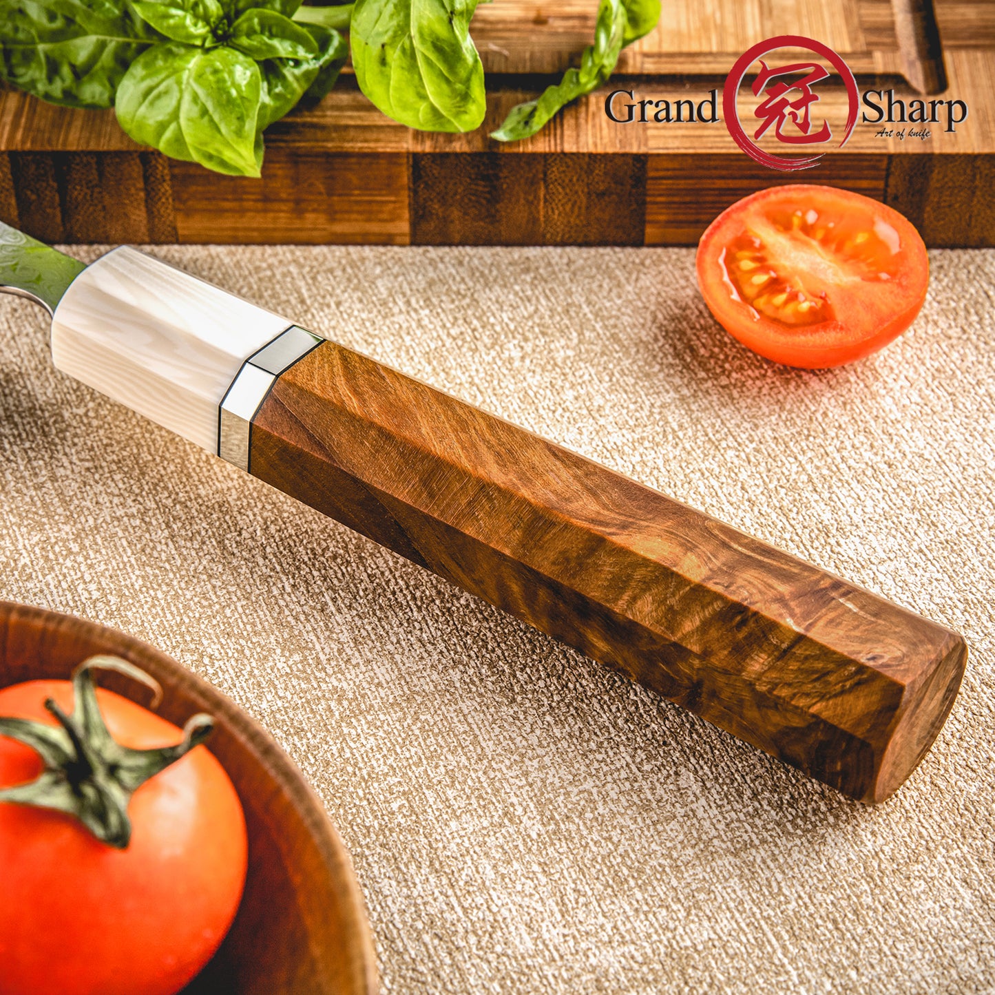 Grandsharp 7Pcs Chef Kitchen Knife Set 55 Layers Damascus Steel with Solidified Wood+Ivory-effect Resin Handle