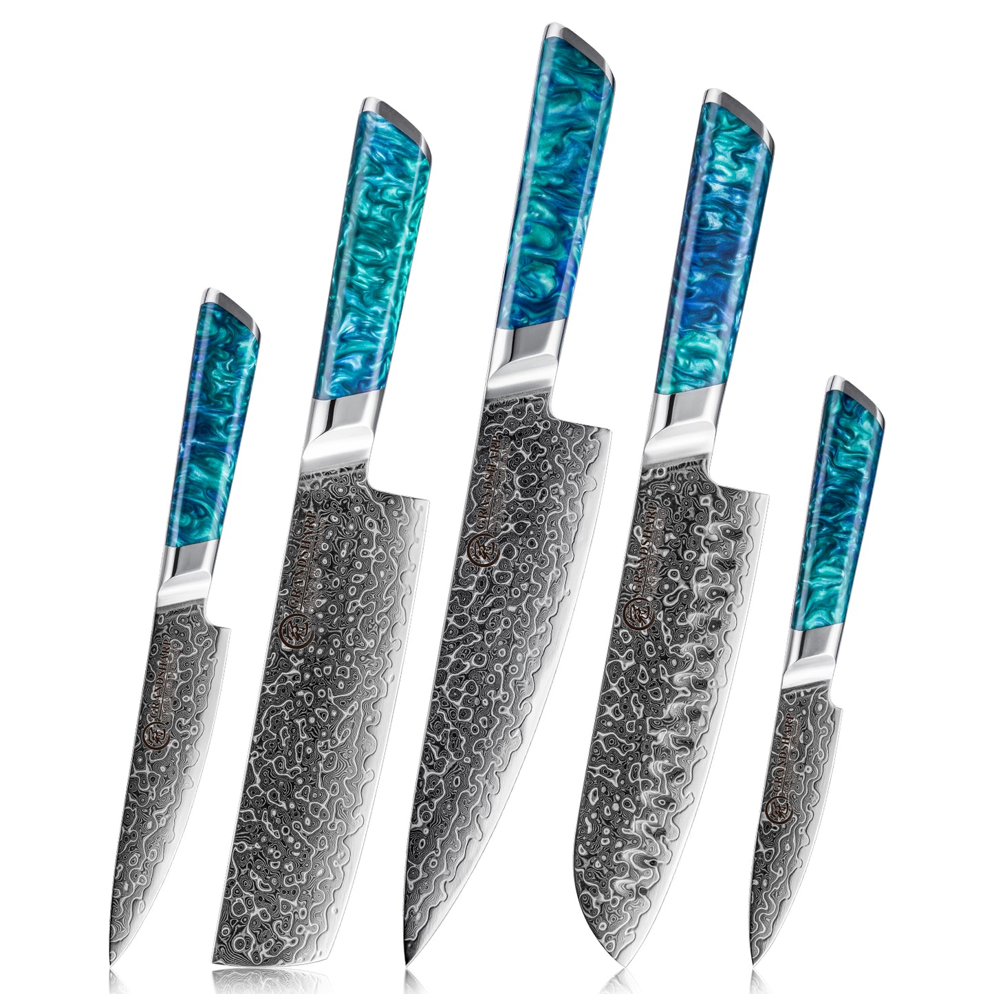 Grandsharp 1-5Pcs Premium Damascus Kitchen Knife set 129 Layers 10Cr15MoVcore Damascus Steel with Classic Resin Handle Design