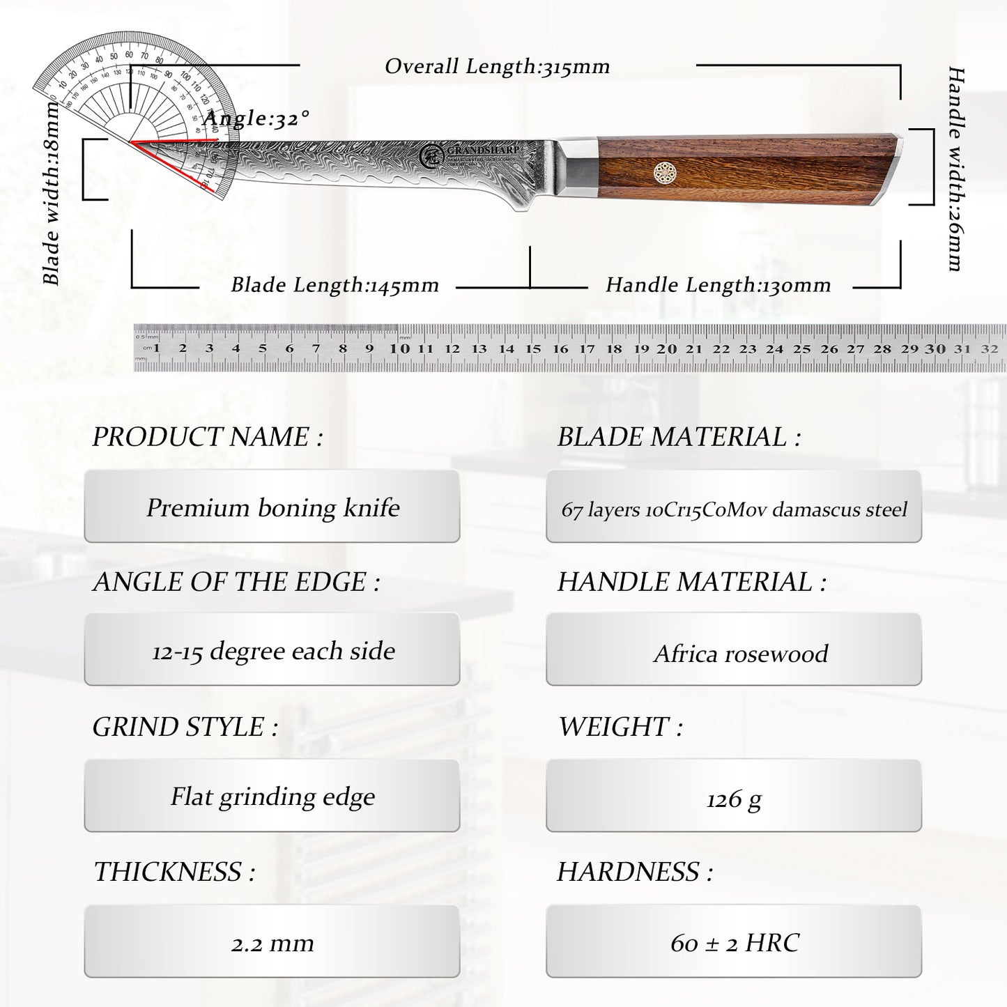 Grandsharp Rose Wood Handle Damascus Boning Knife