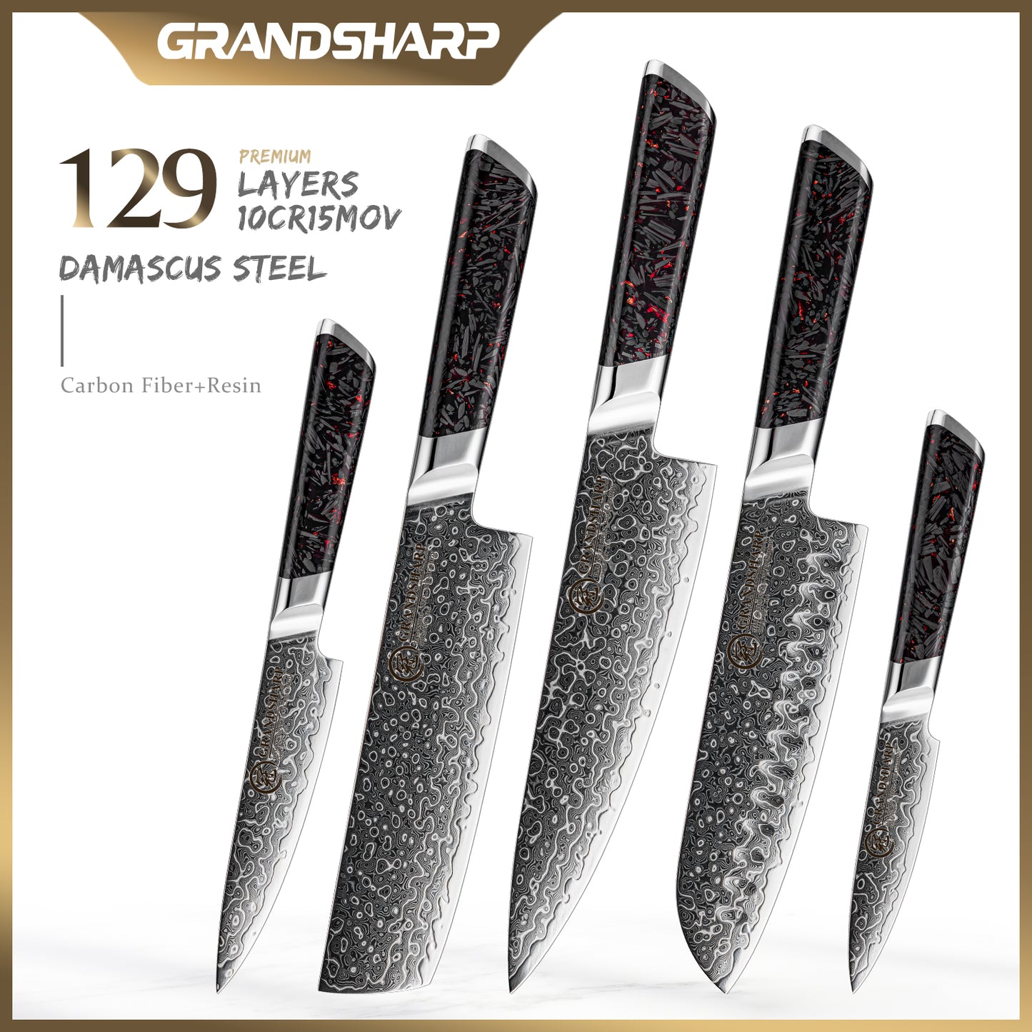 Grandsharp 1-5pcs Kitchen Knife Set 129 Layers 10Cr15MoV Core Damascus Steel Carbon Fiber&Resin Handle For Cutting Fruits Meat
