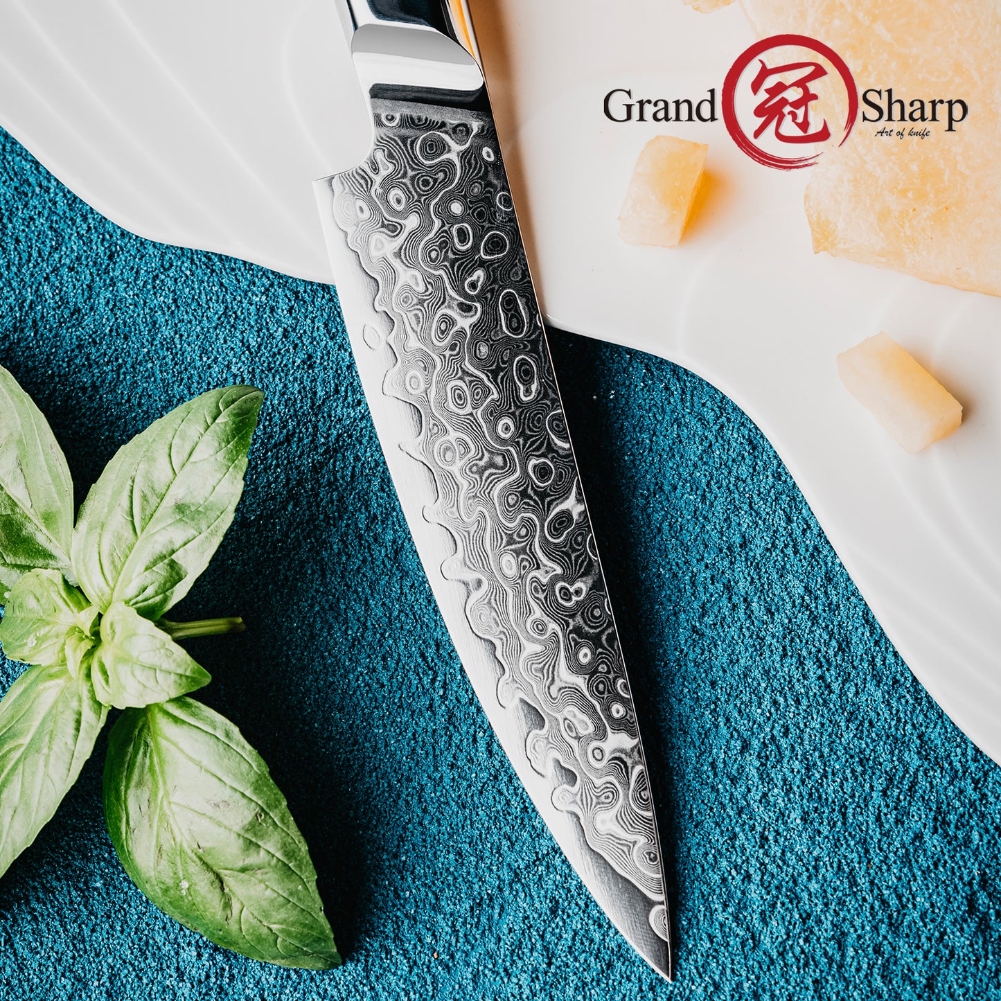 Grandsharp 5 Inch 129 Layers Damascus Steel Utility Knife 10cr15mov Cutting Core Damascus Utility Knives with Blue Resin Handle