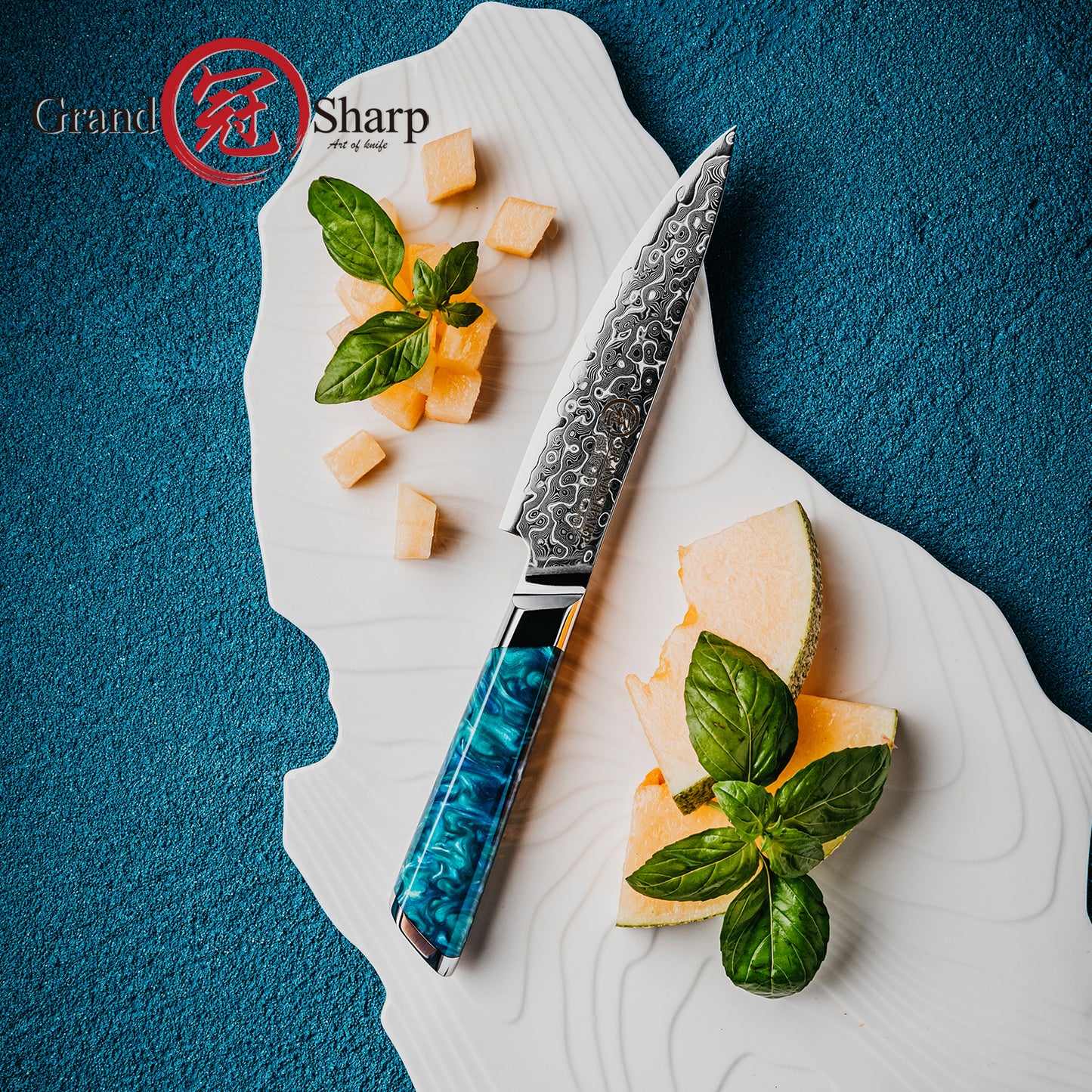 Grandsharp 5 Inch 129 Layers Damascus Steel Utility Knife 10cr15mov Cutting Core Damascus Utility Knives with Blue Resin Handle