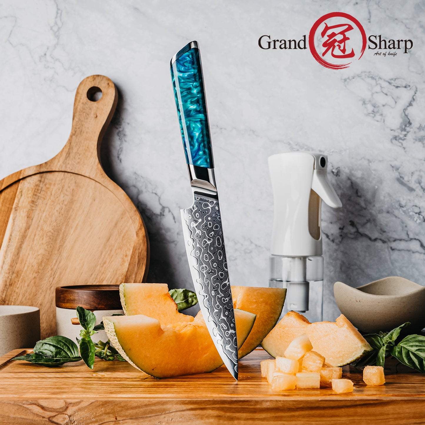 Grandsharp 5 Inch 129 Layers Damascus Steel Utility Knife 10cr15mov Cutting Core Damascus Utility Knives with Blue Resin Handle