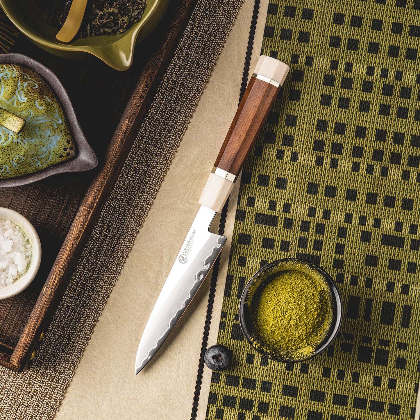 Grandsharp Kitchen 5 Inch Utility Knife 3 Layers PM204 Powder Carbon Steel Utility Knives Mkuruti Wood & Imitation Ivory Handle