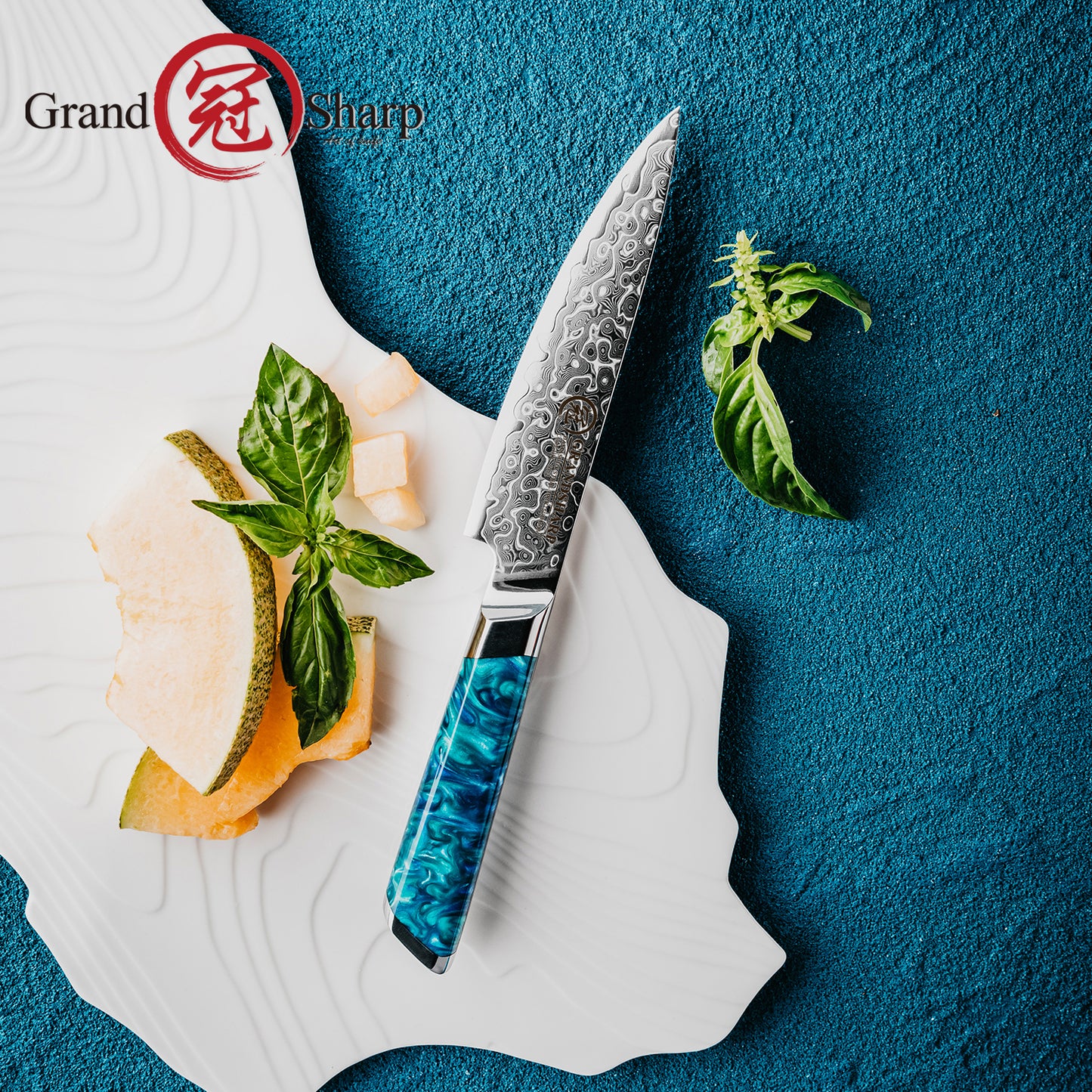 Grandsharp 5 Inch 129 Layers Damascus Steel Utility Knife 10cr15mov Cutting Core Damascus Utility Knives with Blue Resin Handle