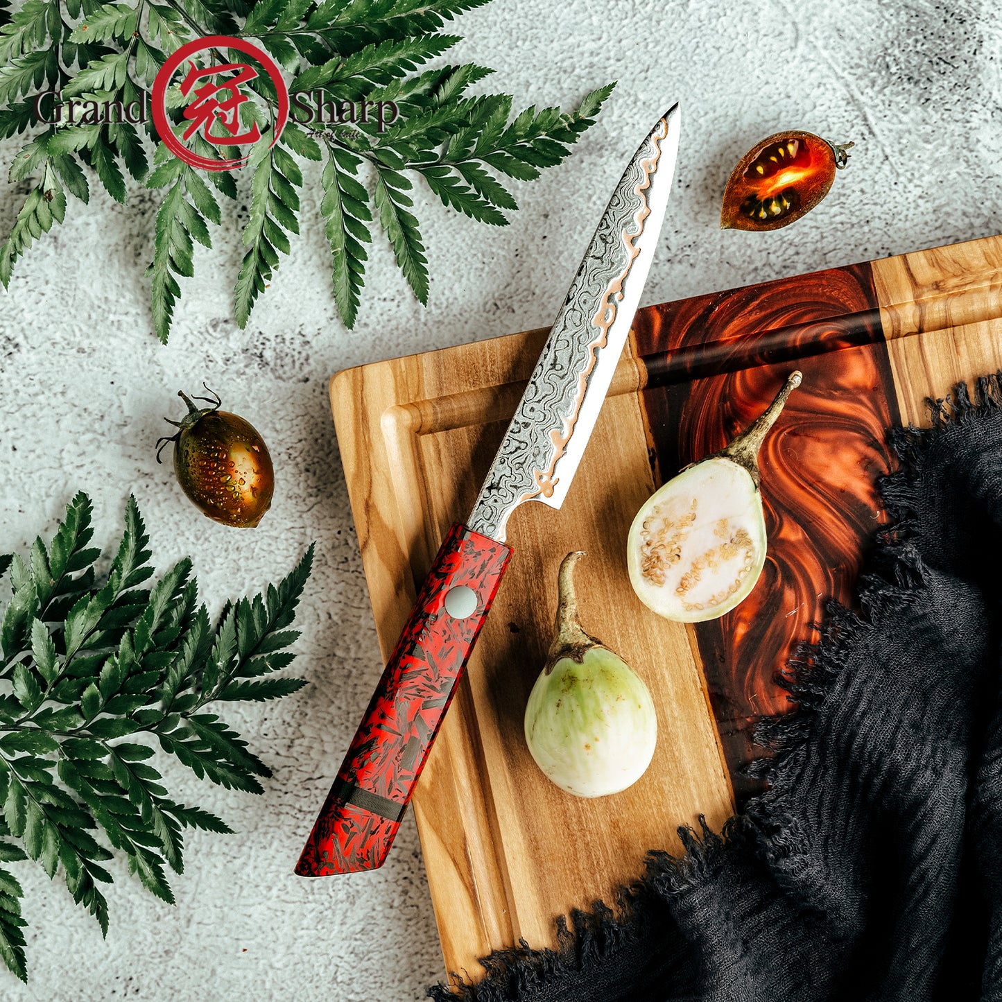 Grandsharp 5'' Utility Knife Damascus 55 Layers Copper Steel Kitchen Japanese Utility Knife with Red Resin Carbon Fiber Handle
