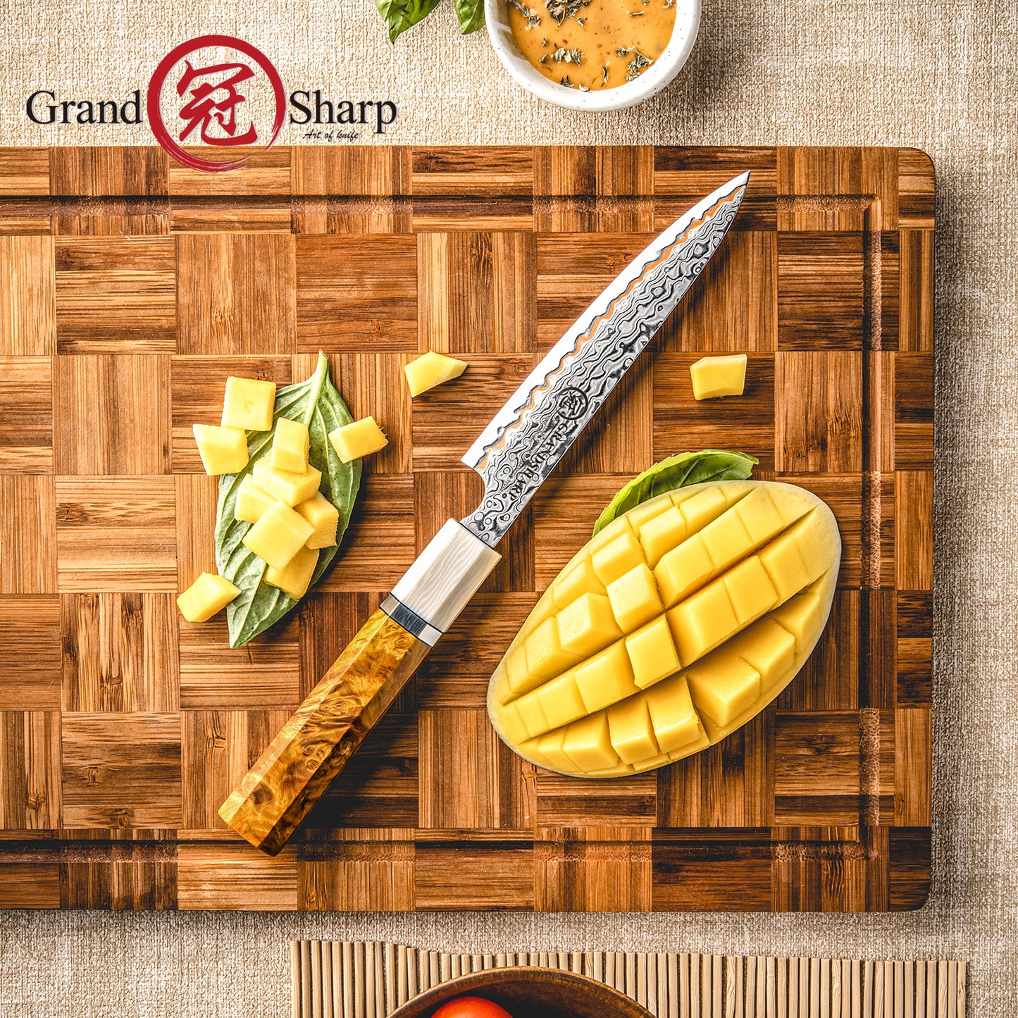 Grandsharp Copper Damascus 5inch Utility Knife with Solidified Wood+Imitation Ivory Handle