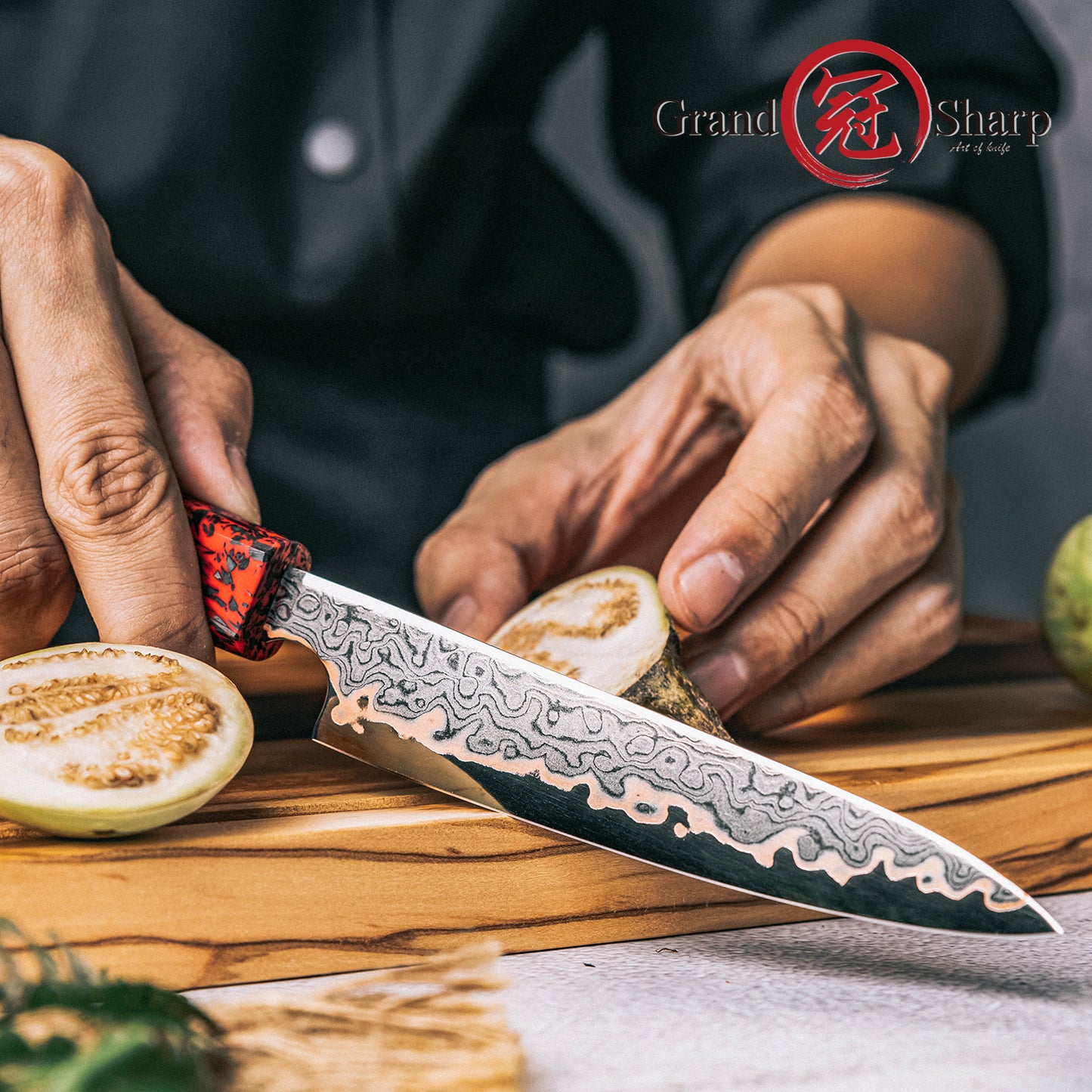 Grandsharp 5'' Utility Knife Damascus 55 Layers Copper Steel Kitchen Japanese Utility Knife with Red Resin Carbon Fiber Handle
