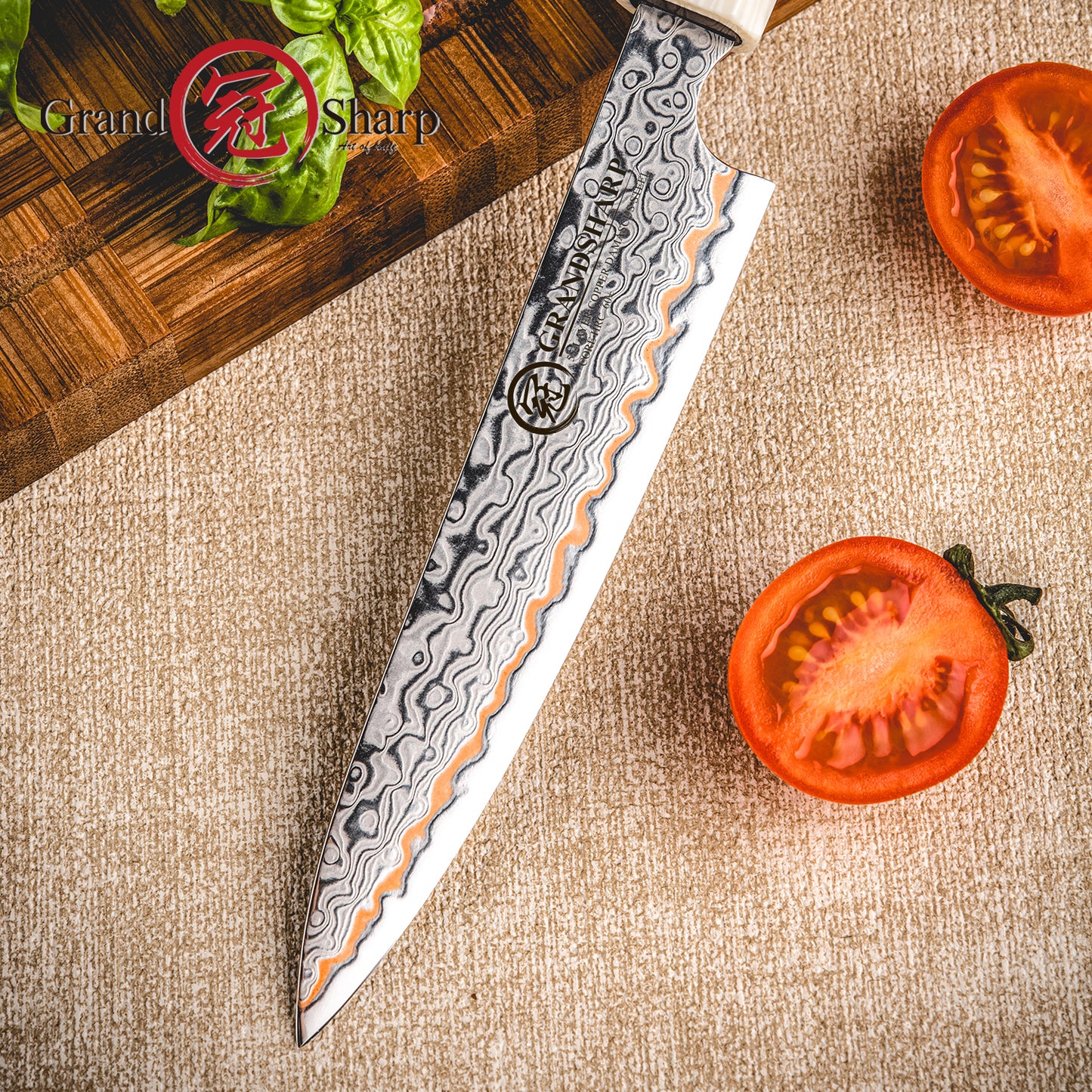 Grandsharp Copper Damascus 5inch Utility Knife with Solidified Wood+Imitation Ivory Handle