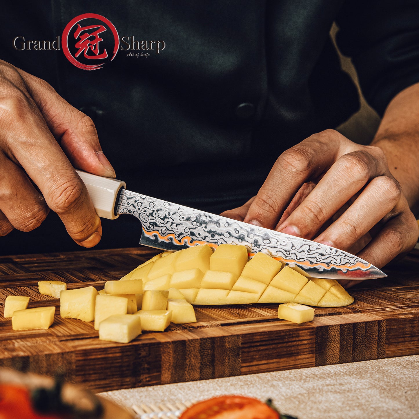 Grandsharp Copper Damascus 5inch Utility Knife with Solidified Wood+Imitation Ivory Handle