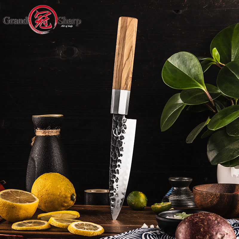 Handmade 5 Inch Utility Kitchen Knife High Carbon Stainless Steel Kitchen Chef Utility Knives with Olive Wood Handle