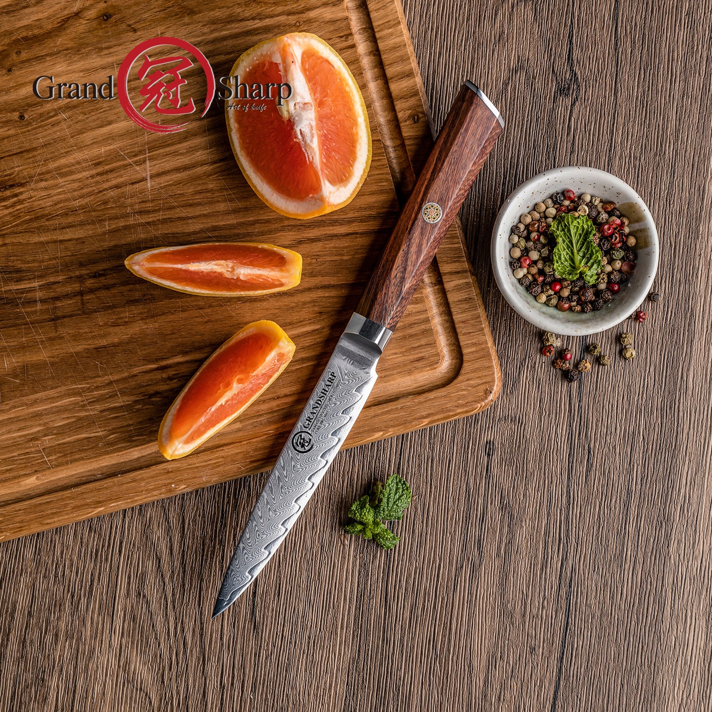 Grandsharp Rose Wood Handle Damascus Utility Knife