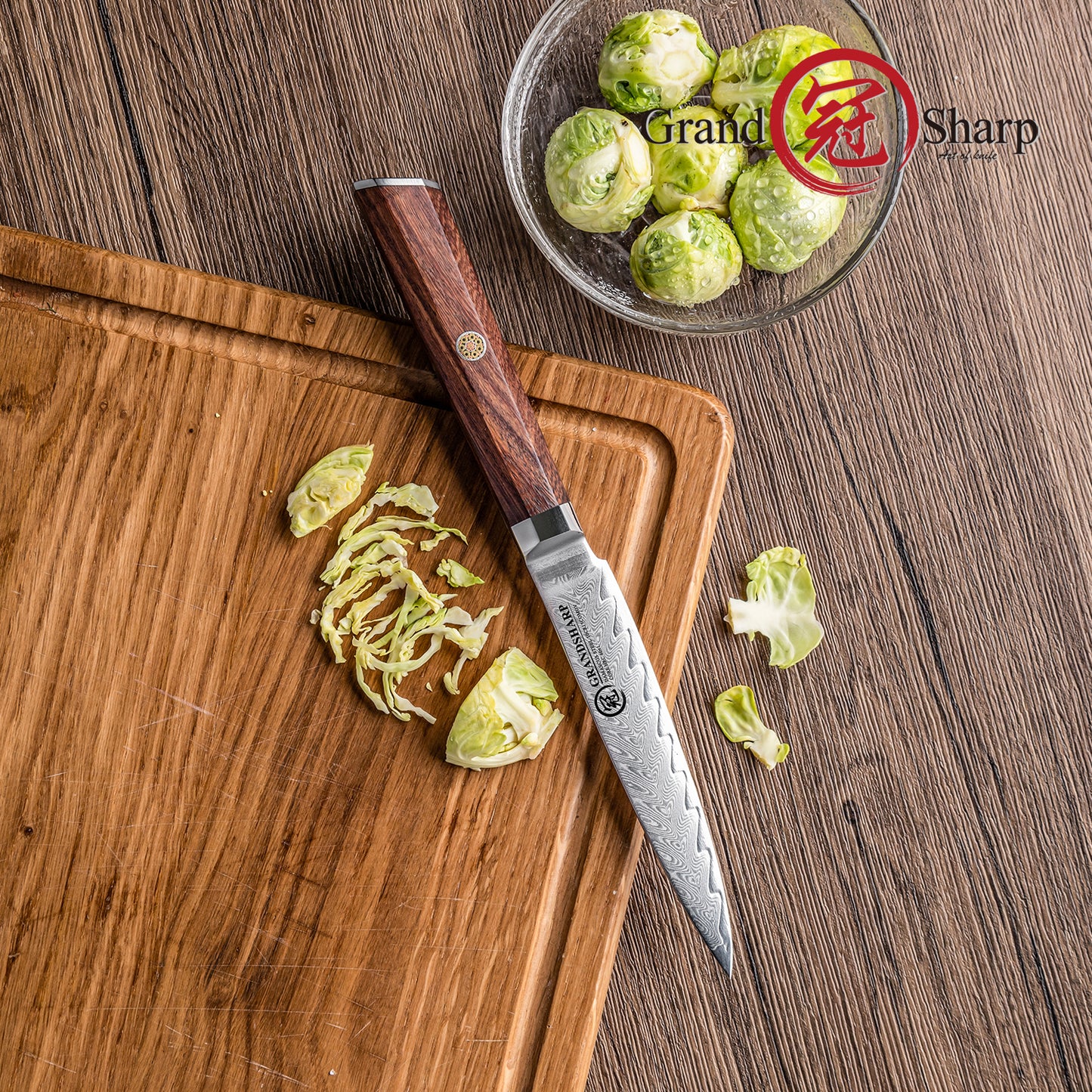 Grandsharp Rose Wood Handle Damascus Utility Knife