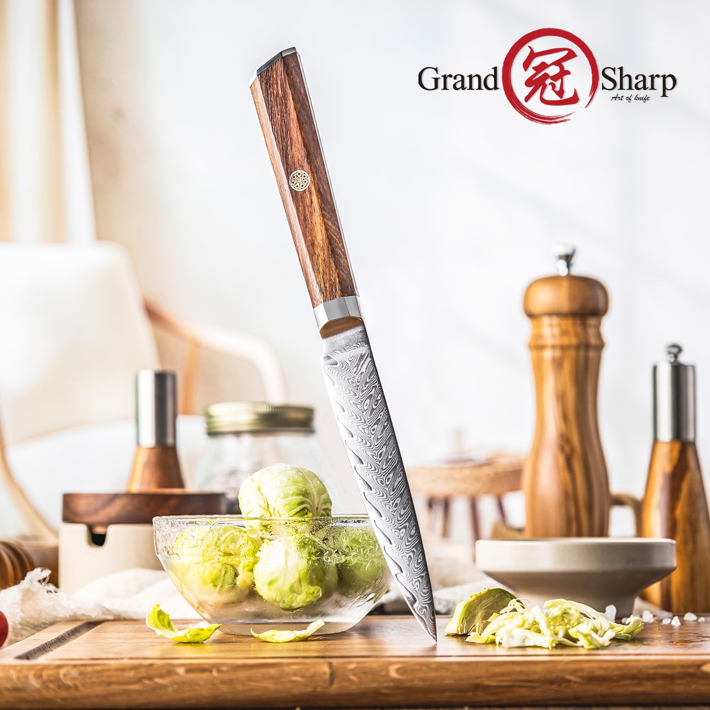 Grandsharp Rose Wood Handle Damascus Utility Knife