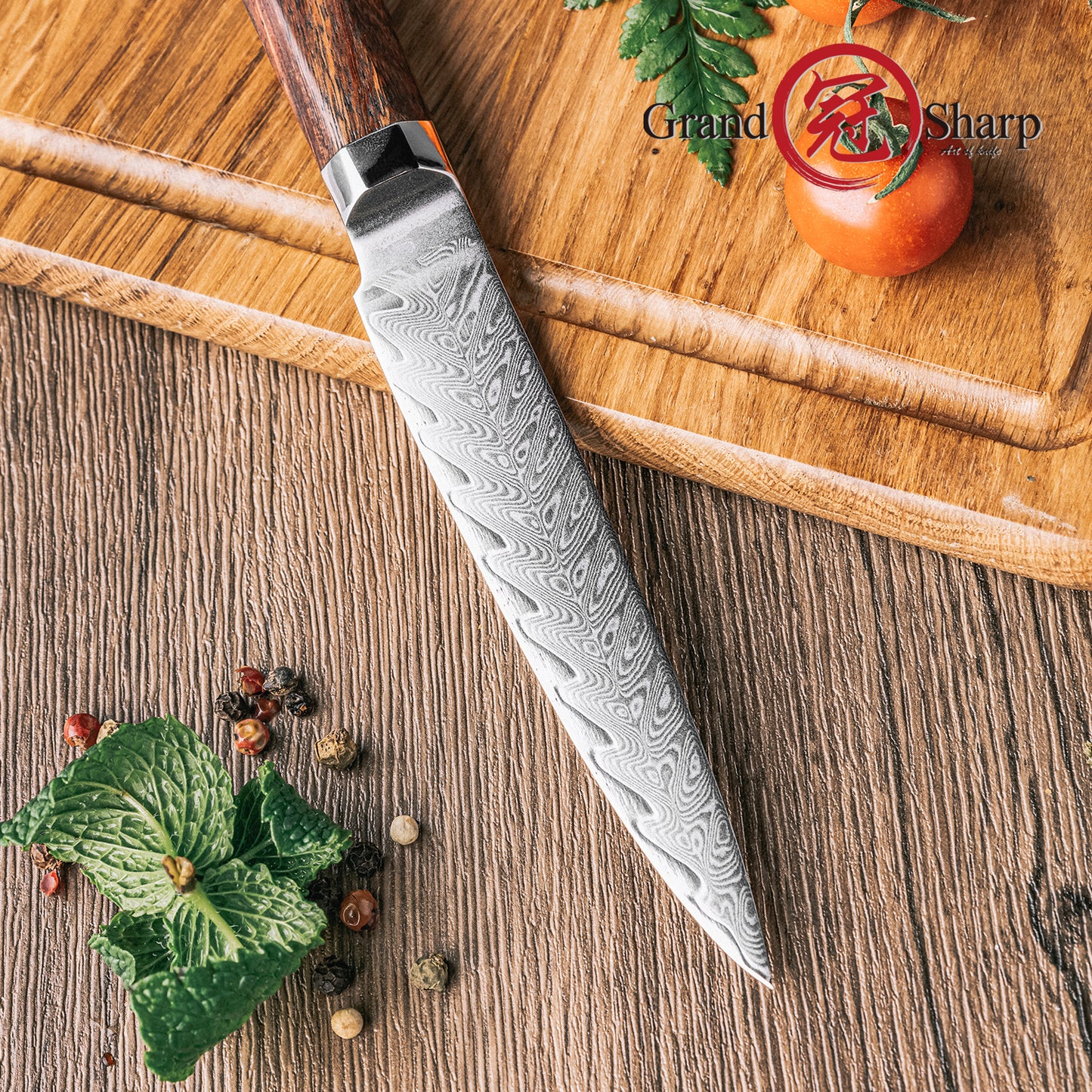 Grandsharp Rose Wood Handle Damascus Utility Knife